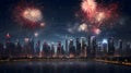 Explosions of colorful fireworks in a night scene against the backdrop of tall city skyscrapers. New Year\'s fun and festiv Royalty Free Stock Photo