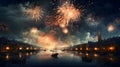 Explosions of colorful fireworks in a nighttime setting against a backdrop of a river and floating little boats. New Year\'