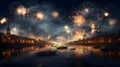 Explosions of colorful fireworks in a nighttime setting against a backdrop of a river and floating little boats. New Year\'