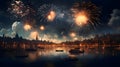 Explosions of colorful fireworks in a nighttime setting against a backdrop of a river and floating little boats. New Year\'
