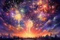 Explosive beauty as vibrant bursts of fireworks. Generative AI