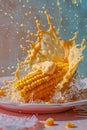Explosive Butter Splash on Yellow Corn Cob on Pink Plate, Vibrant Background with Dynamic Food Action, Freshness Concept