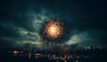 Explosive celebration ignites city skyline with vibrant firework display generated by AI Royalty Free Stock Photo