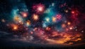 Explosive celebration vibrant fireworks illuminate the dark night sky generated by AI Royalty Free Stock Photo