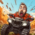 Explosive And Chaotic: Cartoon Man Riding Quad Bike Through Desert Royalty Free Stock Photo