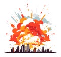 Explosive cityscape, vibrant colors, stylized explosion over skyline. Urban destruction, fiery blast impact, colorful