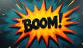 Explosive comic style art shows BOOM. text inside a bright yellow and orange starburst. Dynamic pop art effect with bold outlines Royalty Free Stock Photo
