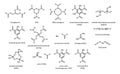 Explosive compounds, skeletal formulae (set). Including nitroglycerin, RDX, HMX, TATB, MEKP, TNT, PETN, ammonium nitrate, lead