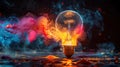 Explosive Creativity: Colorful Paint Splashes from Bursting Light Bulb on Black Background - Unique Thinking, Chaotic Ideas