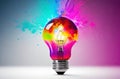 Explosive Creativity: Light Bulb Bursting with Colorful Paint and Vibrant Hues.