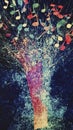 Explosive display of colorful musical notes and shapes