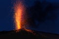 Explosive eruption at dusk in one of the three craters of the active stromboli volcano