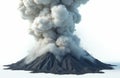 Explosive eruption of white smoke from volcanic vent against white background. Volcano summit surrounded by cloud of ash. Isolated Royalty Free Stock Photo