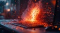 Explosive fiery particles bursting out from a laptop keyboard in a high-tech setting Royalty Free Stock Photo