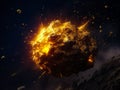 Explosive gold asteroid in space. 3D illustration. Elements of this image furnished by NASA. Ai generated