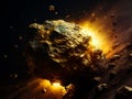 Explosive gold asteroid in space. 3D illustration. Elements of this image furnished by NASA. Ai generated