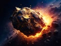 Explosive gold asteroid in space. 3D illustration. Elements of this image furnished by NASA. Ai generated