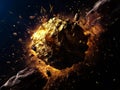 Explosive gold asteroid in space. 3D illustration. Elements of this image furnished by NASA. Ai generated