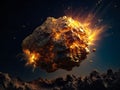 Explosive gold asteroid in space. 3D illustration. Elements of this image furnished by NASA. Ai generated