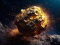 Explosive gold asteroid in space. 3D illustration. Elements of this image furnished by NASA. Ai generated