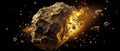 Explosive gold asteroid in space. 3D illustration. Elements of this image furnished by NASA. Ai generated