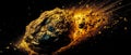 Explosive gold asteroid in space. 3D illustration. Elements of this image furnished by NASA. Ai generated