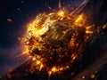 Explosive gold asteroid in space. 3D illustration. Elements of this image furnished by NASA. Ai generated