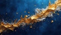 Explosive liquid splashes, gold and silver paint mix dynamically against deep blue velvet. Abstract luxurious fluid motion Royalty Free Stock Photo