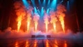 Explosive pyrotechnics display on stage. Intense lighting, smoke create dynamic atmosphere. Powerful light beams illuminate fiery Royalty Free Stock Photo