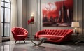 Explosive Red Design: Armchair, Sofa and Painting in a Photorealistic, Comfortable and Contemporary Living Room