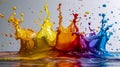 Explosive Splashes Of Yellow, Orange, Red, Blue Paint Rising Upward With Vibrant Droplets Scattered