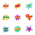 Explosive stickers icons set, cartoon style Royalty Free Stock Photo