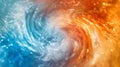 Explosive swirl of water flow in cold and warm temperature colors, on a vivid, soft-colored background.