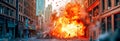Explosive urban scene with fiery blast engulfing street