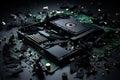 Explosive view. flying hardware components - mainboard, cpu, display, ram, cables, cooling fan