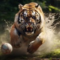 Explosive Wildlife A Photorealistic Portraiture Of A Tiger Chasing A Soccer Ball