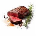 Explosive Wildlife Style: Steak With Rosemary On White Background