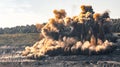 Explosive works on open pit coal mine industry. Dust and puffs of smoke in sky, blasted soil Royalty Free Stock Photo