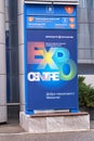 Expocentre exhibition logo near Moscow city. Entrance to the exhibitio
