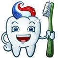 Sparkling Tooth Molar Cartoon Character holding a Toothbrush with a cool hairdo