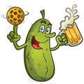 A happy pickle with attitude spinning a ball on his finger and drinking beer