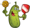 Pickle cartoon character spinning a pickleball like a basketball on his finger