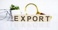 EXPORT concep on the wooden cubes and flower ,glasses ,coins and magnifier on white background