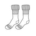 Black engraved socks drawing. Winter warm Christmas garment for the foot ink hand drawn style vector illustration