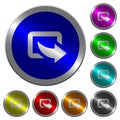 Export symbol with bottom right arrow luminous coin-like round color buttons