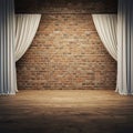 Exposed brick wall serves as a backdrop, flanked by pulled-back white curtains on Royalty Free Stock Photo