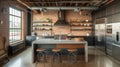 An industrial kitchen embraces raw, unfinished materials, utilitarian design, and a rugged aesthetic, AI generated