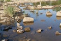 Exposed parched riverbed of the Elbe River in Magdeburg during severe drought in summer Royalty Free Stock Photo