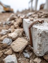 Exposed rebar in concrete surrounded by rubble at a construction site. Royalty Free Stock Photo