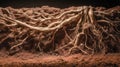 An exposed tree root system with a tangled branch structure in rich soil, a natural underground botanical formation Royalty Free Stock Photo